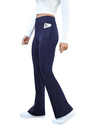 keriffe Calça feminina flare yoga com bolsos laterais cintura alta casual bootcut legging controle de barriga, Azul marinho, G
