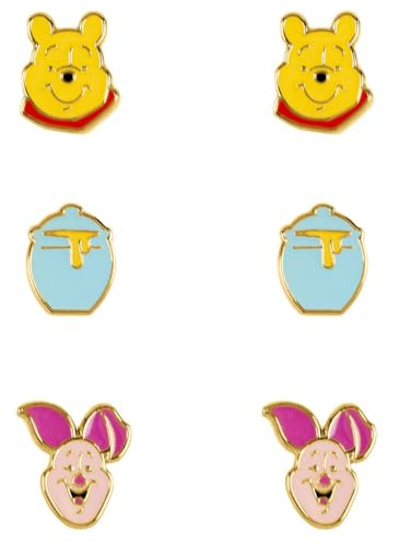 Disney Winnie The Pooh Yellow, Pink & Blue Trio Earring Set SF00469YL, One Size, Brass, No Gemstone