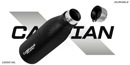 Image of CASPIAN / / / Bolt Customised Stainless Steel Water Bottle 1L, Black with Logo Print - Personalised Water Bottle with Your Name Print for Kids Boys Girls School Office Gym- Perfect for Corporate Gifting