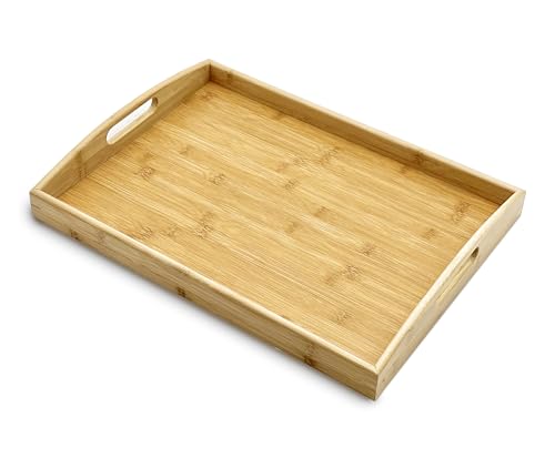 Image of Bam & Boo - Natural Bamboo Serving Tray Extra Large Rectangular with Handles - for Food, Drinks, Storage, Decor, Vanity, Breakfast, Parties, Weddings, Picnics(17.75” x 13” x 2.35”)