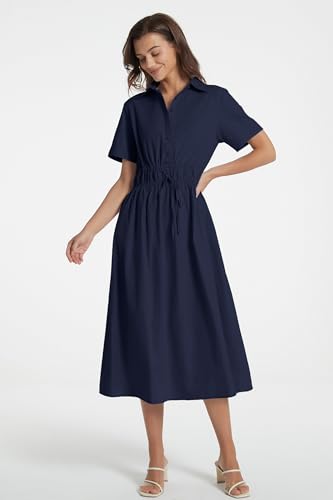 Image of Ladyful Women Casual Button Down Short Sleeve Shirt Dress Tie Waist Midi Shirt Dress Elegant Business Party