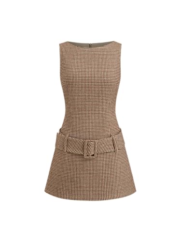 CIDER Dresses for Women Mini Dress Houndstooth Dress Boat Neck Dress Belted Short Dress Women's Casual Dress