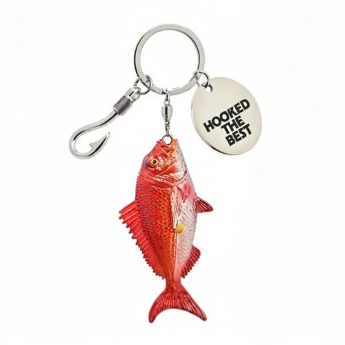 Spotted Flatfish Fishing Keychain with Fish Hook Charm (Red One size)