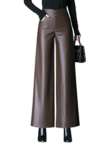 Lucrosun Trendy Faux Leather Pants High Waist Wide Leg PU Leather Palazzo Trousers, Brown, M