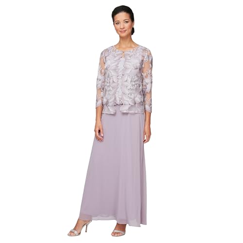 Alex Evenings Women's Long Mother of The Bride Lace Jacket Dress with Illusion Sleeves Regular Sizes, Smokey Orchid, 8 Petite