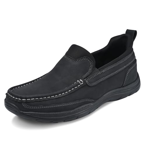 Image of Hand Free Casual Shoes for Men - Leather Slip-On Loafers with Elastic Heel & Latex Footbed - Lightweight EVA Walking Shoes