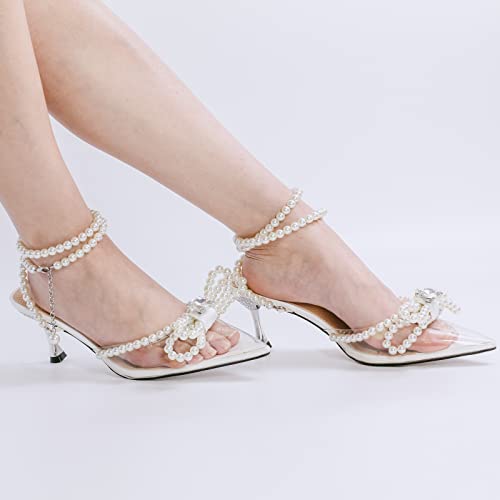 Missheel White Pearl Heels Clear Closed Toe Pumps With Bow High Heels Stiletto Ankle Strap Heeled Sandals Wedding Shoes Size 9 #TOP4