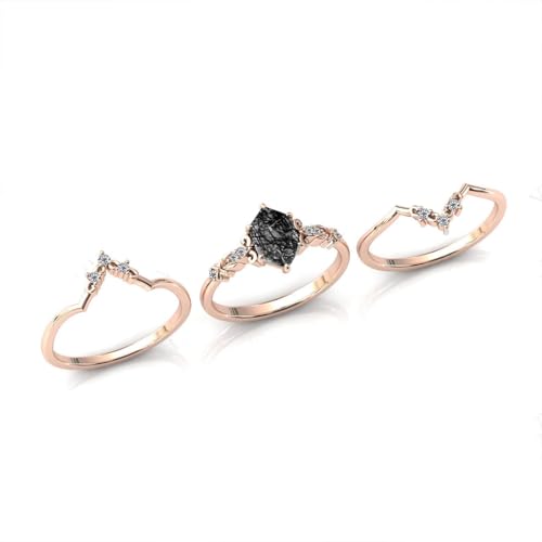 Natural Hexagon Black Rutilated Quartz Engagement Ring Set 925 Sterling Silver Rings for Her with Free Engraving Jewelry Gift for Women Black Rutilated Quartz Vintage Ring Set Size 4-15 -72