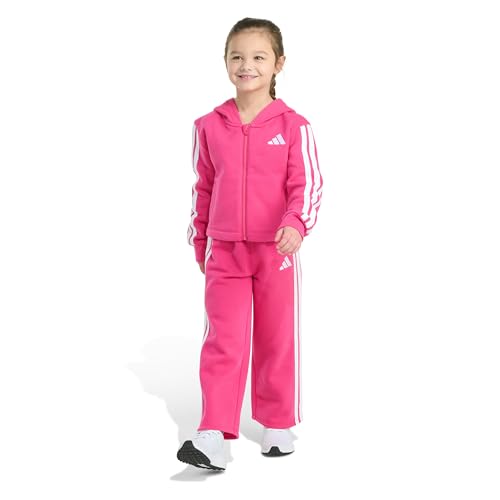 adidas girls 2-piece Full-zip 3-stripe Hooded Fleece Jacket & Wide Leg Pant