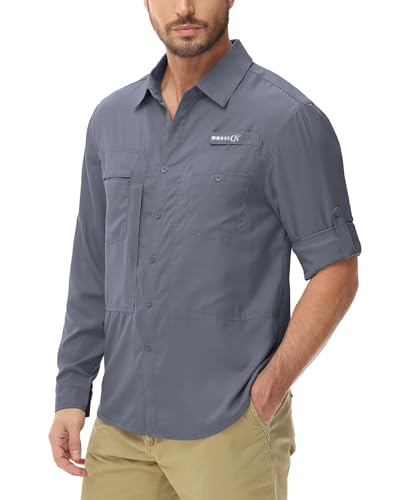 Tyhengta Camisa de pesca para hombre, manga larga, para exteriores, de secado rápido, protección UV, con bolsillos, gris oscuro, M