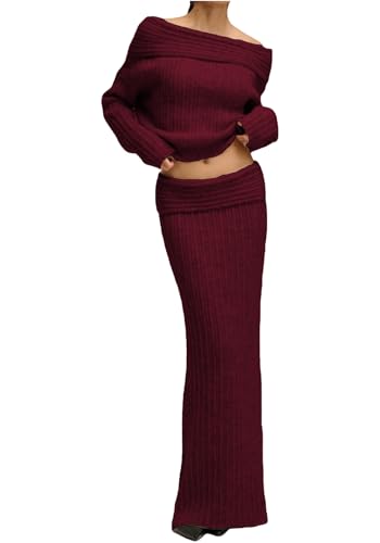Image of Unybwonn Skirt Sets Women 2 Piece Outfits off the Shoulder Sweater and Knitted Skinny Maxi Skirts Fall Casual Outfits