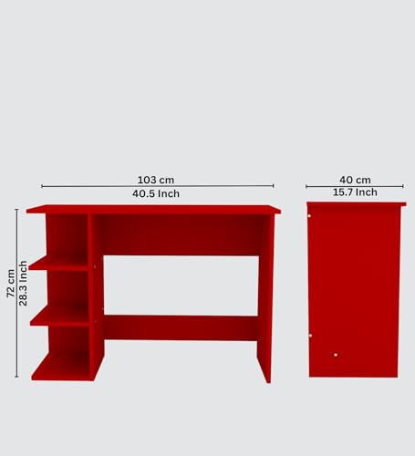 Image of Modern Compact Study Desk with 3 Side Shelves, Red, Space-Saving Home Office Table, 103x72x40 cm, DIY Assembly