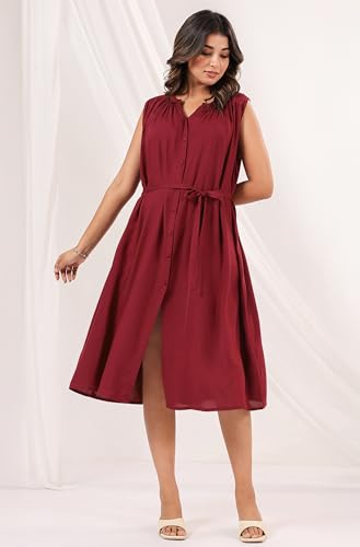 Image of Janasya Women's Rayon Solid A-line Dress