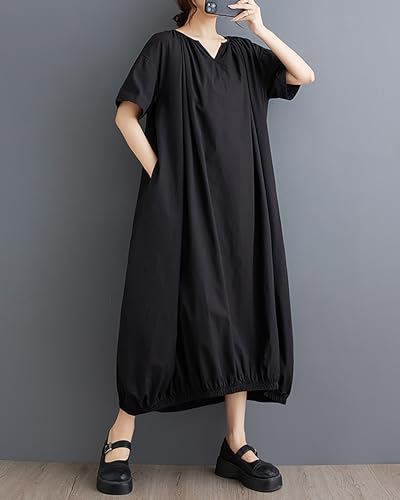 Image of ellazhu Women's Dress Short Sleeve V Neck Below Knee Solid Color Oversize Loose Casual Summer GZ236