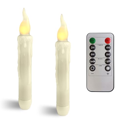 Image of Real Wax LED Flameless Short Taper Candles with Remote, 6.7 Inches White Candlesticks, Dripless Battery Operated Flame Rustic Primitive Flameless Lights Decor, Pack of 2
