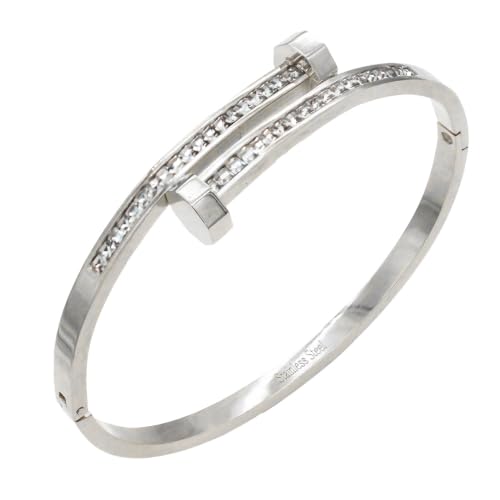 Lavencious Hinged Stainless Steel Screw Nail Design Bangle Bracelet with Cubic Zirconia for Women, Silver Clear