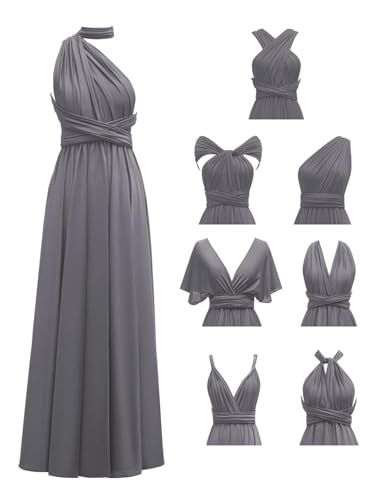 Lanbaodress Elegant Infinity Dresses for Wedding 2025 A Line Twist Wrap Transformer Multiway Dress Spandex Pleated Long Convertible Gowns Ash Grey Plus Size