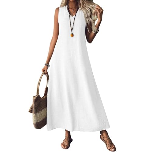 Vestidos Verano Vestidos Mujer Manga Larga Moda Vestido Playa Largo Mujer Vestido Boho Elegantes Cuello Redondo Vestidos Tallas Grandes Chic Ropa Ofertas Flash del Dia Blanco M