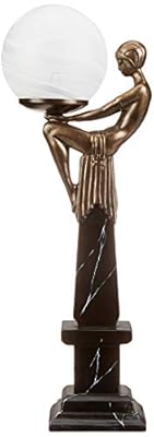 Design Toscano PD72501 Art Deco Patroness of the Stars Woman Glass Orb Lamp Figurine Statue, 5 inches wide, 21 inches tall, Handcast Polyresin, Faux Bronze & Black Marble Finish