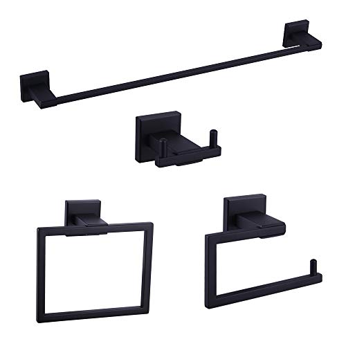 BEIGEEWY Bathroom 4-Piece Accessory Set Matte Black SUS 304 Stainless Steel Towel Bar Toilet Paper Holder Towel Ring Robe Hook Wall Mount