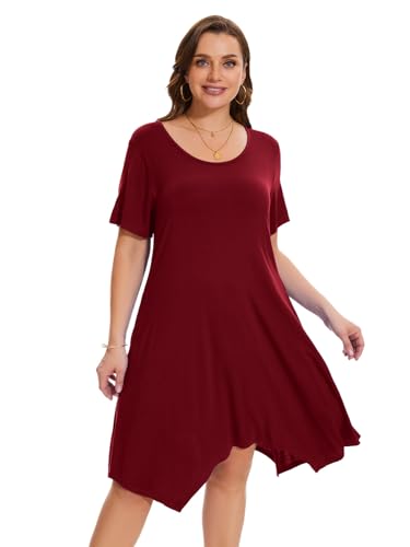 Image of ZENNILO Plus Size Tshirt Dress with Pockets Casual Summer Dresses Crew Neck Short Sleeve Swing Dress for Women