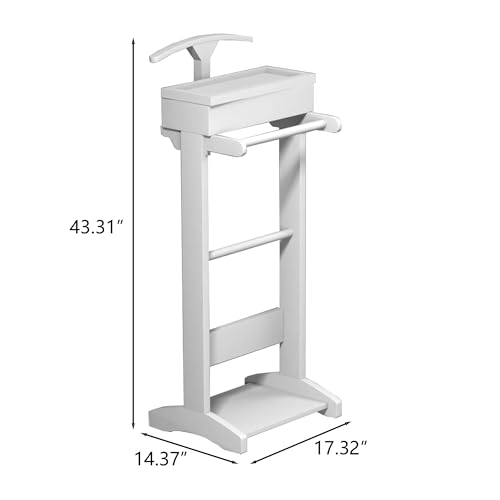 Image of Clothes Valet Stand for Men, Wooden Mens Valet Stand with Tray Organizer, Shoe Shelf, Hanging Rod and Suit Rack, Freestanding Clothes Rack for Bedroom Entryway Office, White