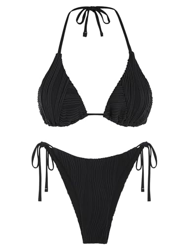 ZAFUL Women's Halter Bikini Sets Tie Back Two Piece Bathing Suit Cheeky High Cut Low Waisted Thong Swimsuits Black M