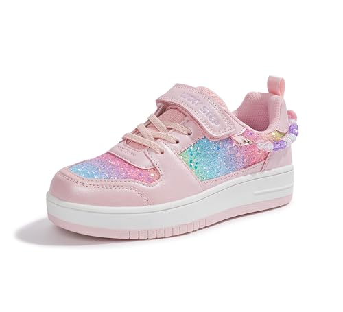 LUCKY STEP Girl's Glitter Sneakers Slip On Hook and Loops Athletic Sparkly Beads Casual Tennis School Party Cute Running Shoes for Children/Girls/Kids (Pink/Rainbow, 4US-35EU-3UK)