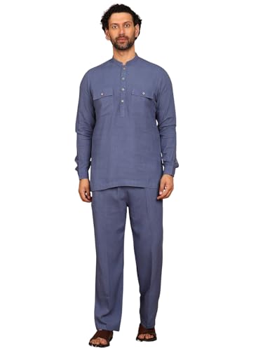 Image of See Designs Men's Full Sleeve Mandarin Collar Linen Solid Pathani Set