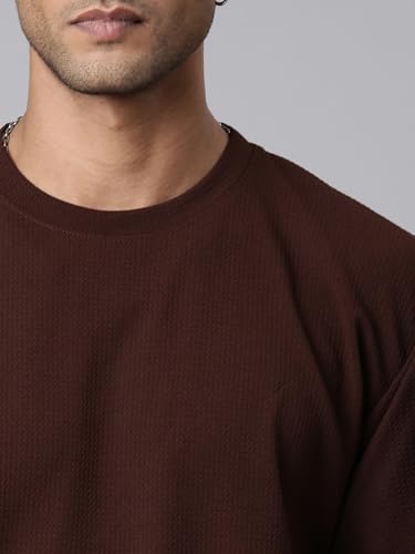 Image of Men's Stylish Round Neck Textured 3 /4th Sleeve Oversized T-Shirt (Brown)