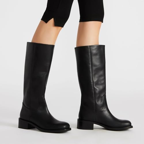 UniqueStride Women Knee High Boots Round Toe Low Chunky Heel Pull On Fashion Tall Moto Riding Boots4