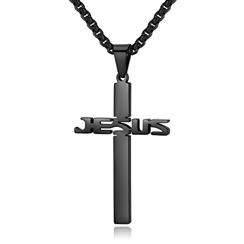 REVEMCN Stainless Steel Jesus Cross Pendant Necklace for Men Women 20-24 Inches Rolo Chain Christian Gifts for Men Faith