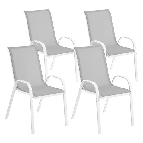 Outsunny Juego de 4 Sillas de Jardín Exterior, Sillas Terraza Exterior Apilables, Sillas de Jardín con Tela Transpirable, Marco de Acero, Reposabrazos y Respaldo, 54x71x93 cm, Gris y Blanco