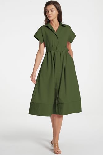 Image of Ladyful Women Casual Button Down Shirt Dress Short Wing Sleeve Buiness Midi Shirt Dress with Belt Elegant Dress