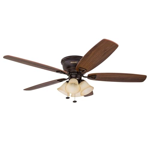 Honeywell Ceiling Fans Glen Alden, 52 Inch Classic Flush Mount Indoor LED Ceiling Fan with Light, Pull Chain, Quick-2-Hang Dual Finish Blades, Reversible Motor - 50183 (Oil Rubbed Bronze)