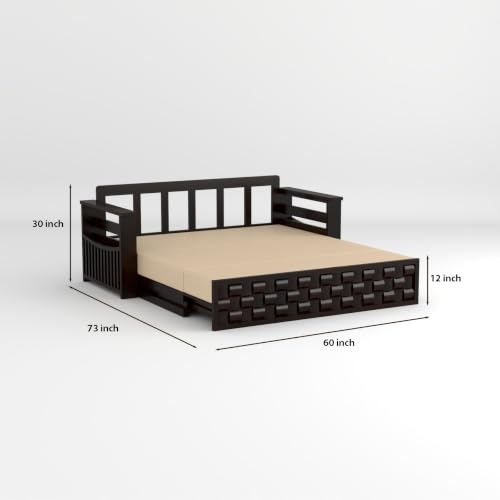 Image of Solid Sheesham Wood Sofa Cums Bed with Mattress & Storage | Rosewood Convertible Sofa Bed for Living Room & Bedroom (G-Walnut, 3 Seater)