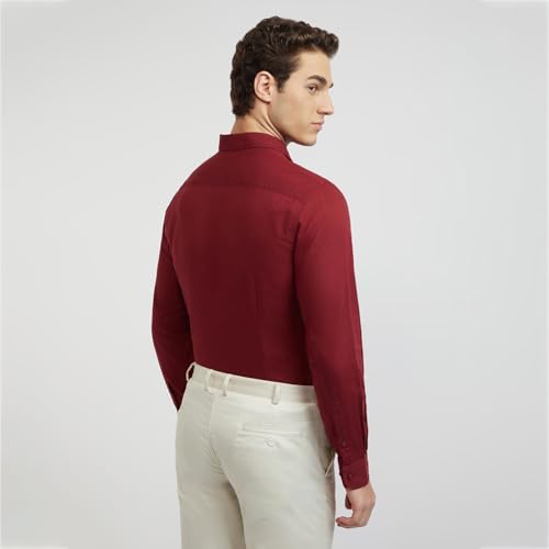 Image of Raymond Men Slim Fit Solid Pattern Linen Cotton Blend Regular Collar Full Sleeve Casual Shirt