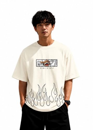 Vaikul Anime Inspired Oversized T-Shirt for Men, Beige - Image 3