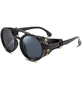 FEISEDY Retro Round Steampunk Sunglasses Women Men Vintage Eyewear Light Plastic Frame with Leath...