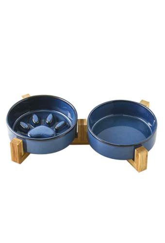 早食い防止 食器 フードボウル 陶器製 中型・大型犬向け 吐き戻し防止 大きめ 健康管理 ミントグリーン爪跡形 (ブルー,M)
