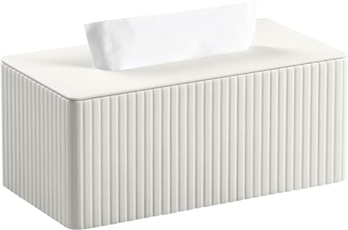 KINGFOM ティッシュケース 意式モダンPUレザー ストライプ ティッシュカバー ボックス ペーパータオルケース ティッシュホルダー おしゃれ 3色展開 150～250組までの各種ティッシュに対応 (ホワイト)