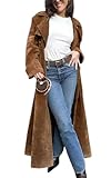 ebossy Women's Fashion Faux Suede Open Front Long Trench Coat Notched Lapel Double Breasted Maxi Overcoat with Belt (XL, Brown)