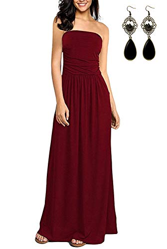 carinacoco Damen Bandeau Bustier Kleider mit Blüte Drucken Lange Sommerkleid Abendkleid Partykleid Cocktailkleid Rot Geblümt07