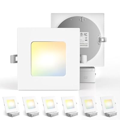 Amico 6 Pack 6 Inch Ultra-Thin LED Square Recessed Light with Junction Box, 5CCT 2700K/3000K/3500K/4000K/5000K Selectable, 1050LM Brightness, Dimmable Canless Wafer Downlight, 12W, ETL&FCC