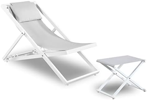 KATDANS Outdoor Beach Sling Chair with Ottoman Set - Portable Folding Lounge Chair of Teslin Reclining Chair with 3 Level Height Adjustable - Patio Furniture KS210426C (White)
