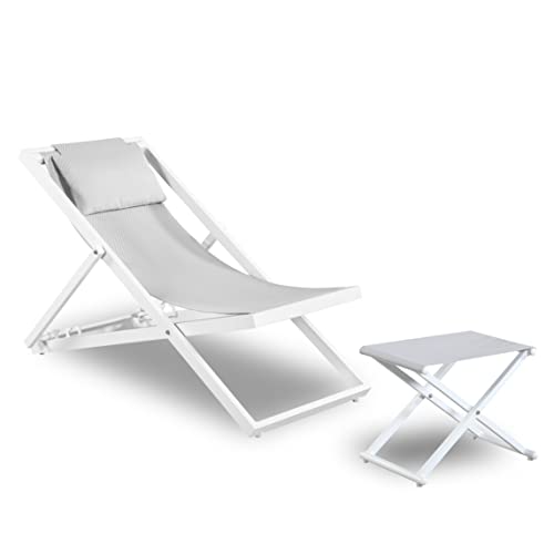 Katdans Outdoor Beach Sling Chair With Ottoman Set - Portable Folding Lounge Chair Of Teslin Reclining Chair With 3 Level Height Adjustable - Patio Furniture Ks210426C (White) #TOP12