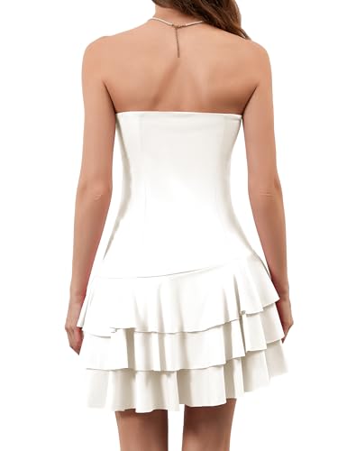 Image of Meladyan Women's 2025 Summer Strapless Tube Dress Sexy Off Shoulder Ruffle Tiered Flowy Mini Dresses White
