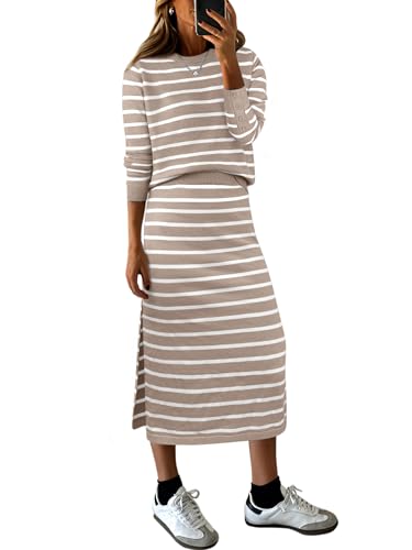 ANRABESS 2 Piece Skirts Sets For Women Fall Fashion 2025 Striped Sweater Midi Dress Knit Lounge Travel Outfits Winter Clothes Almond White Small