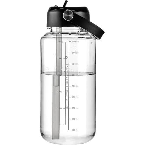 OLDLEY 32 oz Clear Water Bottle with Straw,Tritan BPA-Free, Wide Mouth, Leak Proof - for Gym, Travel, Home, School, Office (Clear)