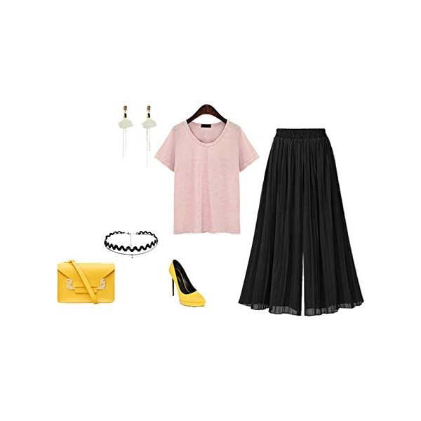 chouyatou Women's Elastic Waist A-Line Pleated Chiffon Cropped Wide Leg Pants Culottes (Large, Black) - Image 4